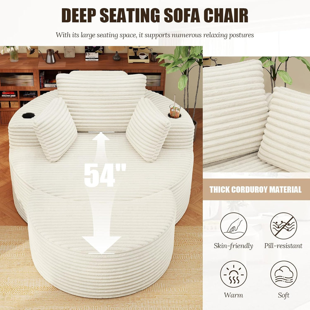 Round Chaise Lounge with Ottoman, Cloud Corduroy Curved Reading Lounge Sofa C...