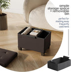 STORAGEBUD Storage Ottoman Cube with Small Bin, 16-in Square Ottoman with Storage for Living Room and Bedroom, Small Ottomans Foot Rest, Faux Leather Foot Stools Ottomans Max 330lbs, Brown