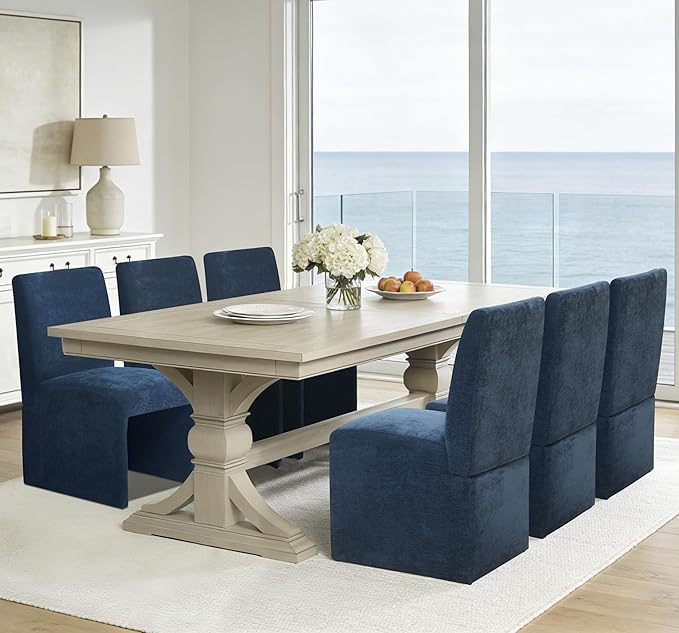 Blue Upholstered Dining Chairs Set of 6, Kitchen & Dining Room Chairs, Mid Century Modern Chairs, Linen Dining Chairs with Wooden Frame, Fabric