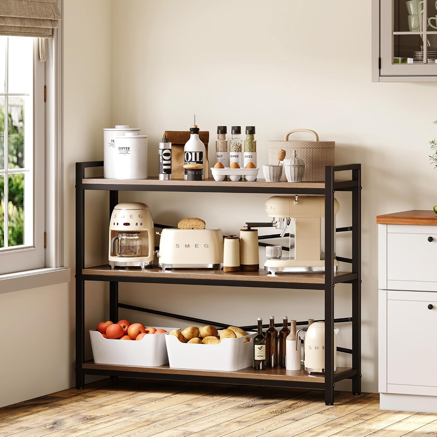 3 Tier Bookshelf 39.37" Width, Dorm Desk Hutch, Desk Shelf, Long Industrial Bookcase, Wooden Large Book Shelf for School Home Living Room Bedroom Office Storage(Light Coffee)