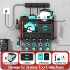 3 Layer Heavy Duty Power Tool Organizer Wall Mount with Charging Station, Adjustable Metal Storage Rack, 6 Outlets Power Strip, Drill Holders, Hooks & Drill Bit Rack for Garage, Workshop, Red