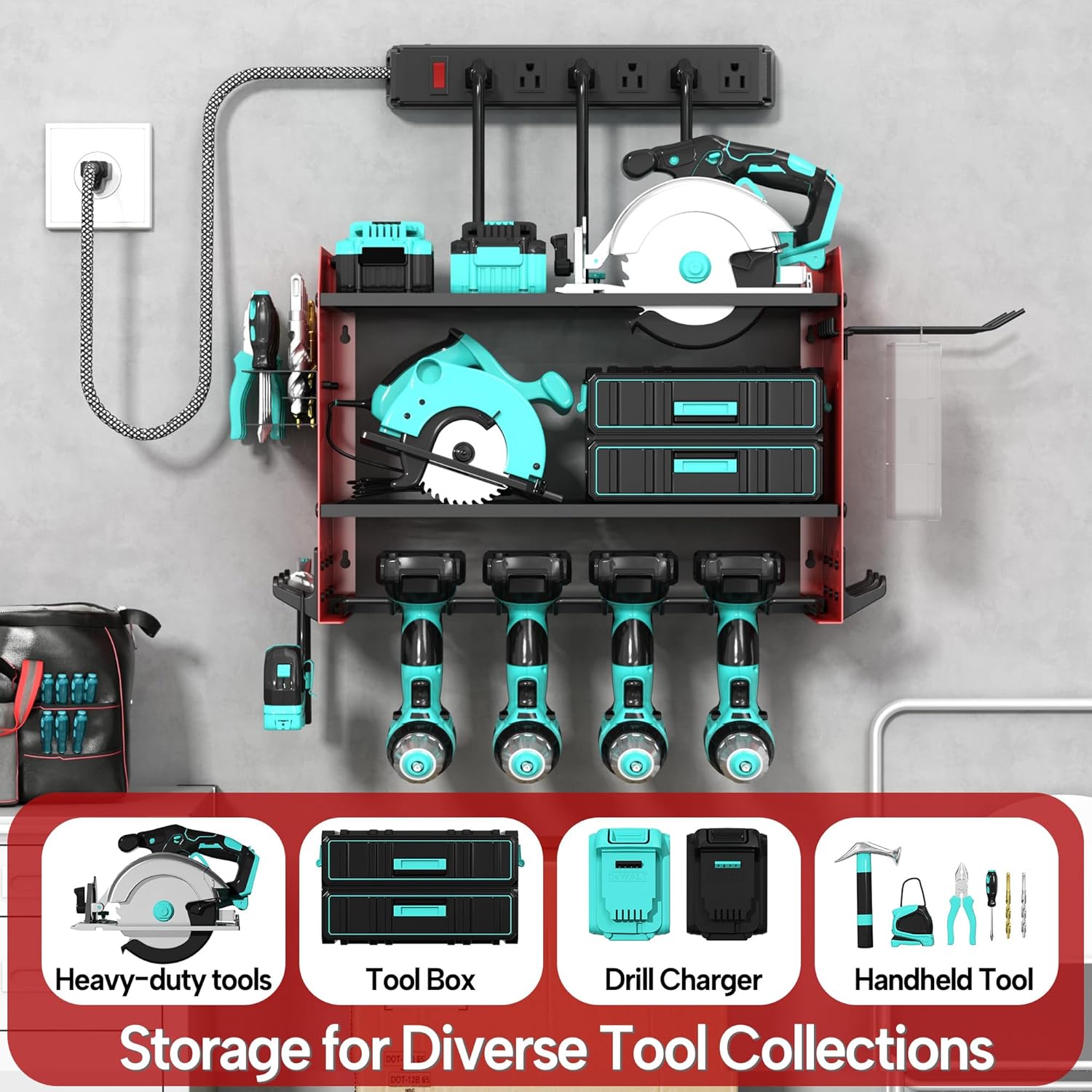 3 Layer Heavy Duty Power Tool Organizer Wall Mount with Charging Station, Adjustable Metal Storage Rack, 6 Outlets Power Strip, Drill Holders, Hooks & Drill Bit Rack for Garage, Workshop, Red