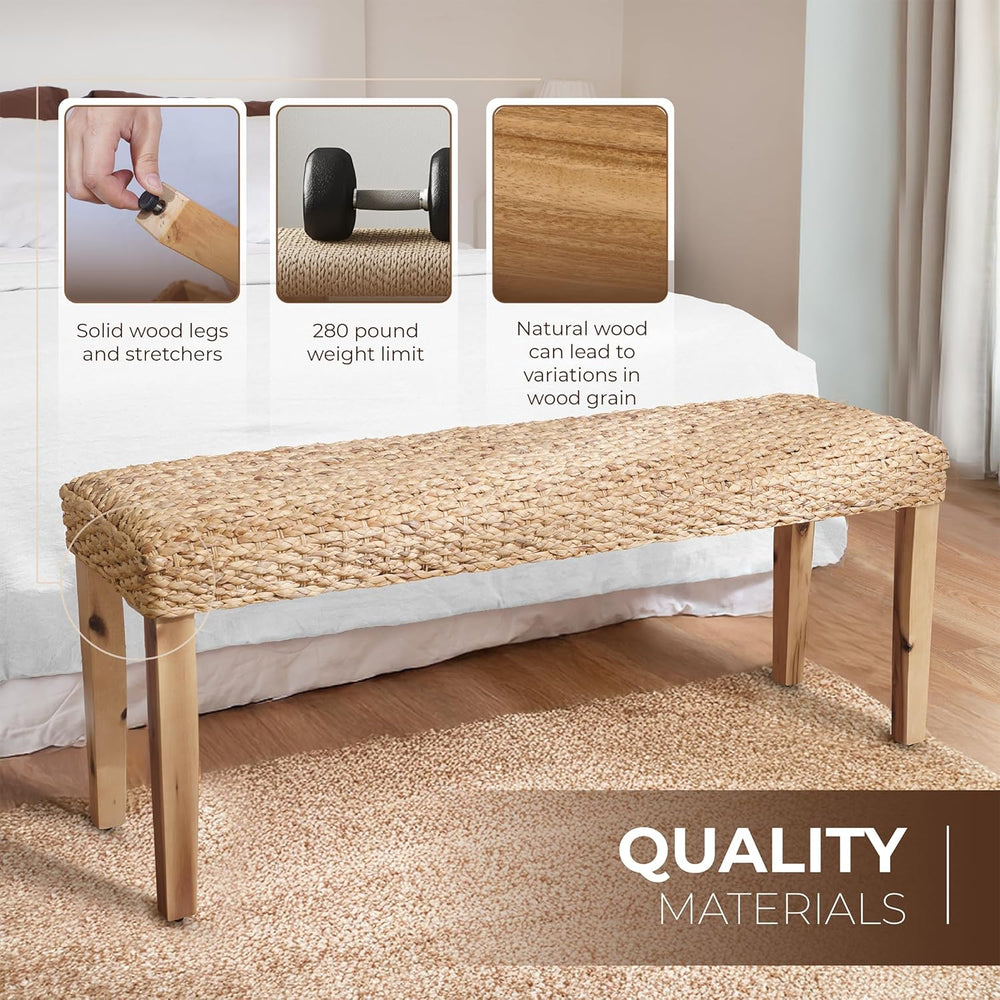Indoor Wicker Bench 47" Solid Wood Acacia & Natural Woven Seat, Natu...