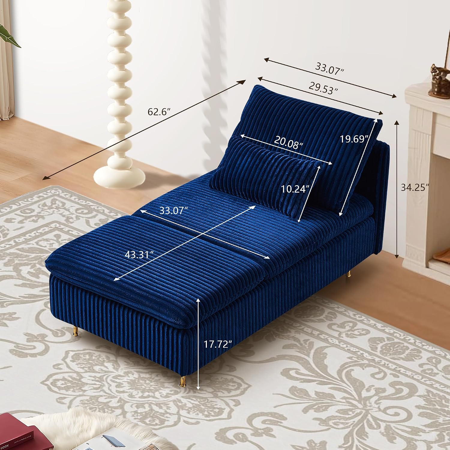 Chaise Lounge Chair Indoor 62.6" Upholstered Recliner Sofa Blue | Corduroy Modern Sofas with Support Pillow, Golden Metal Legs Sleeper Sofa for Bedroom, Living Room, Office