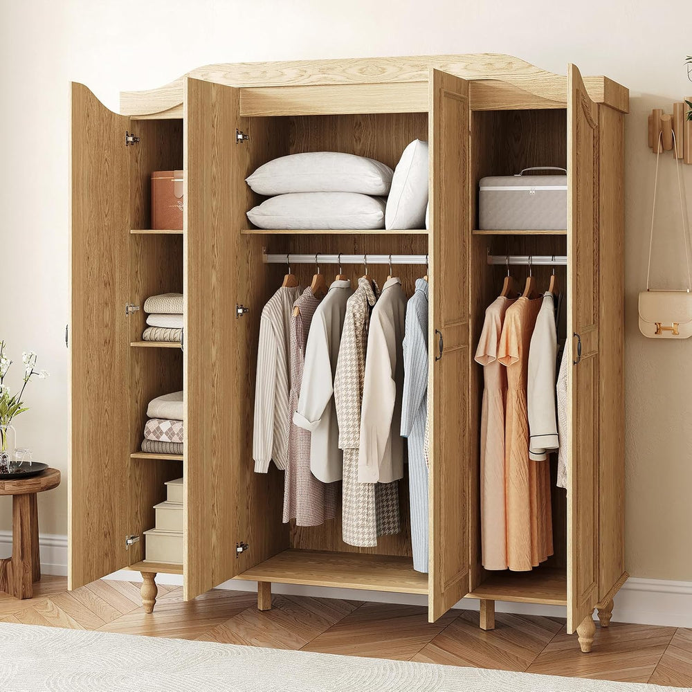 71" H Arched Armoire Wardrobe Closet with 4 Doors, Wooden, Natural