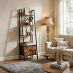 5 Tier Ladder Bookshelf Ladder Shelf, Rustic Bookcase Storage Rack Organizer with Removable Drawer, Wood Metal Freestanding Storage Shelf for Living Room, Home Office, Bedroom, Brown | Wood metal freestanding storage rack organizer for living room