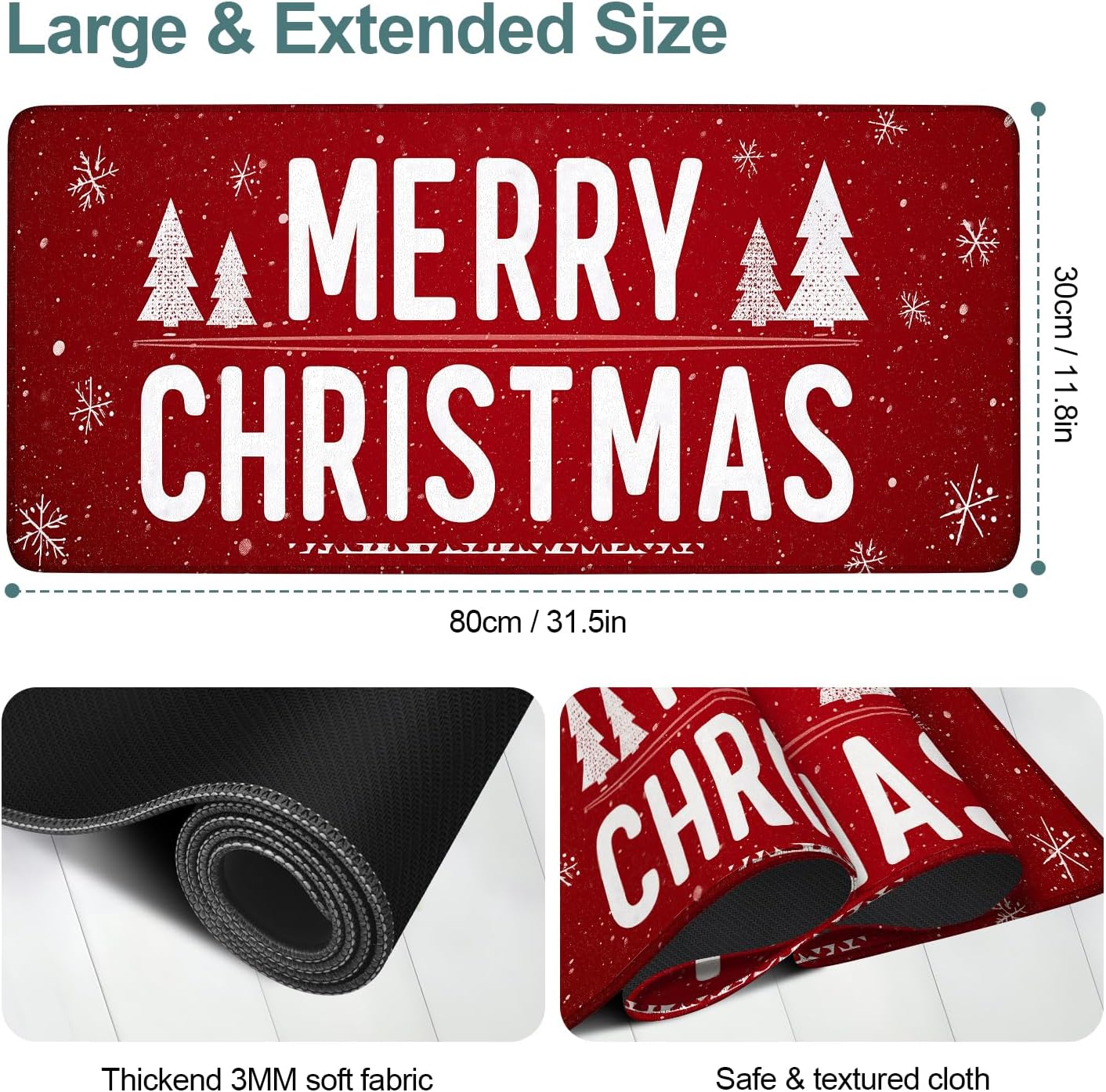 Merry Christmas Gaming Mouse Pad 31.5"x11.8"Desk Mat Anti-Slip Rubber Base & Durable Stitched Edges for Gamers Smooth Mouse Writing Surface for Desk Office/Home