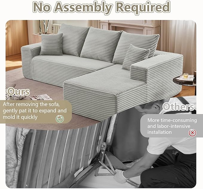 107" Cloud Sectional Couch with L-Shape Chaise, Modern Modular Comfy Sofa Chaise Longue, Upholstered Corduroy Couches Sleeper with Deep Seat for Living Room Bedroom, No Assembly Required, Grey