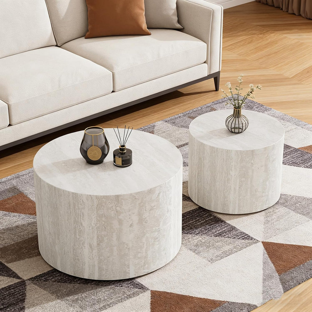 Round Travertine Nesting Coffee Table (A 18.1+14.6in) | Modern Circular Accen...