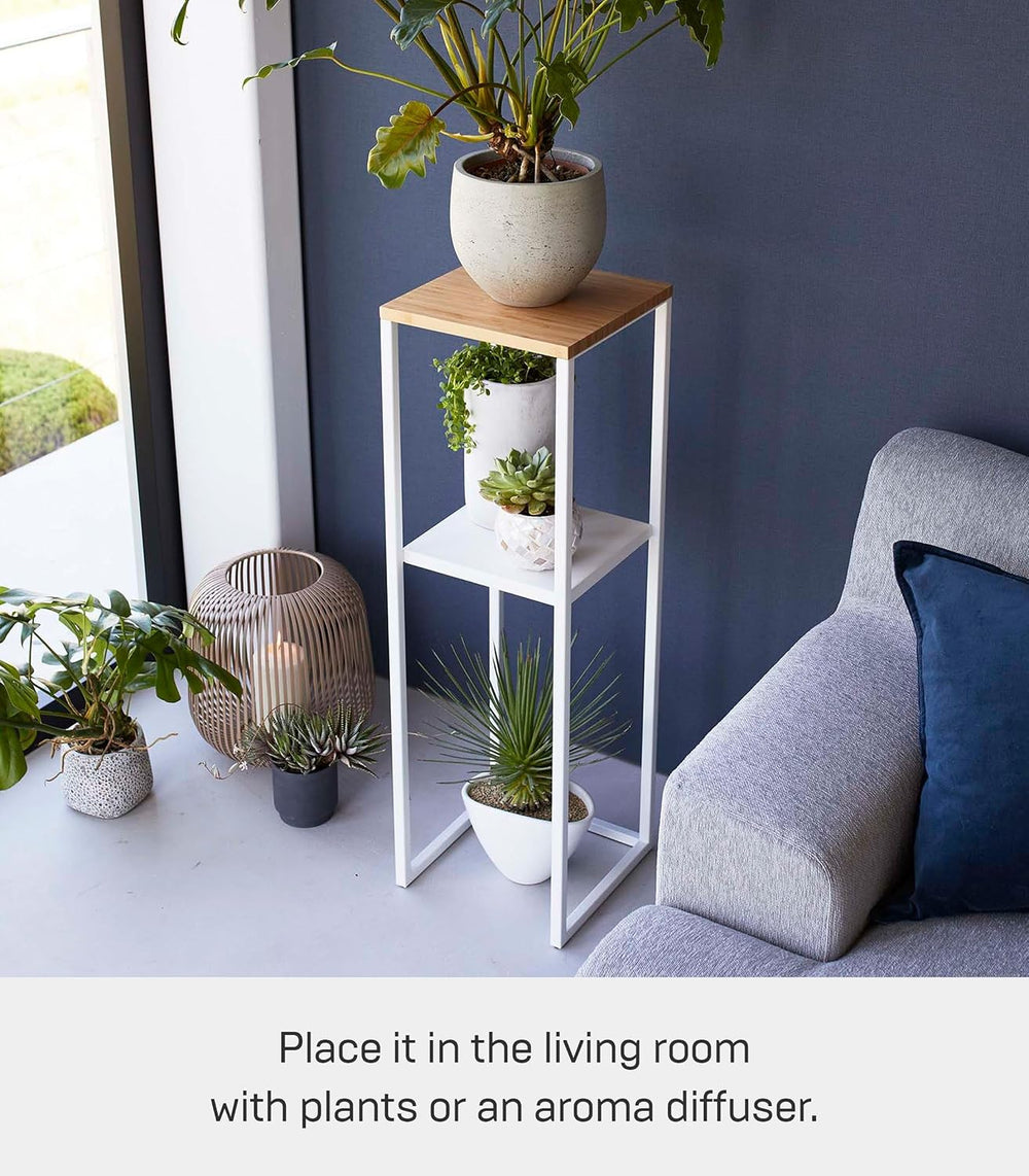 YAMAZAKI Home 2-Tier Shelf, Corner Display Side Table, Steel + Wood, White | ...