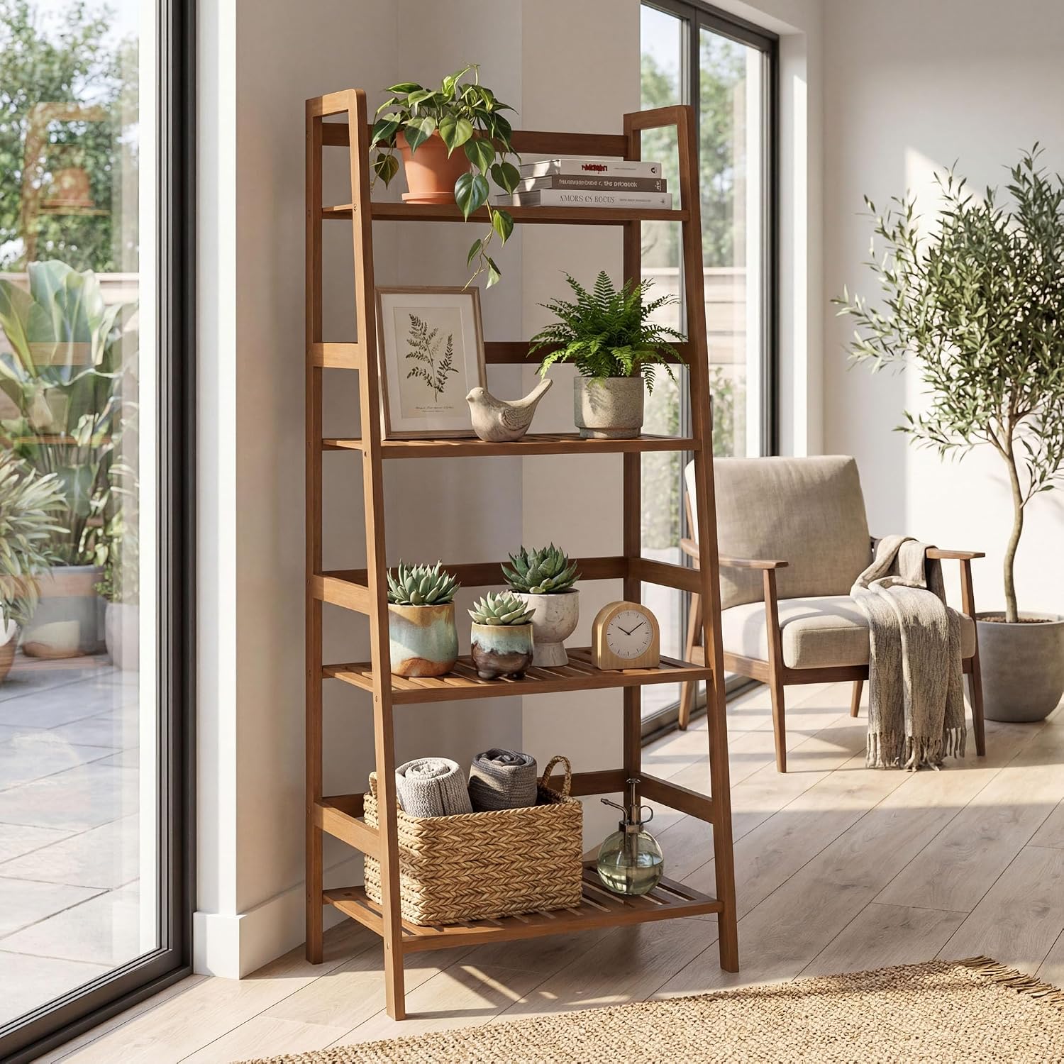 COSTWAY 4-Tier Ladder Shelf, Bamboo Plant Stand Rack, Freestanding Bookshelf, Multifunctional Storage Shelves, Flower Stand Rack Holder for Garden, Balcony, Living Room, Bedroom (Brown)