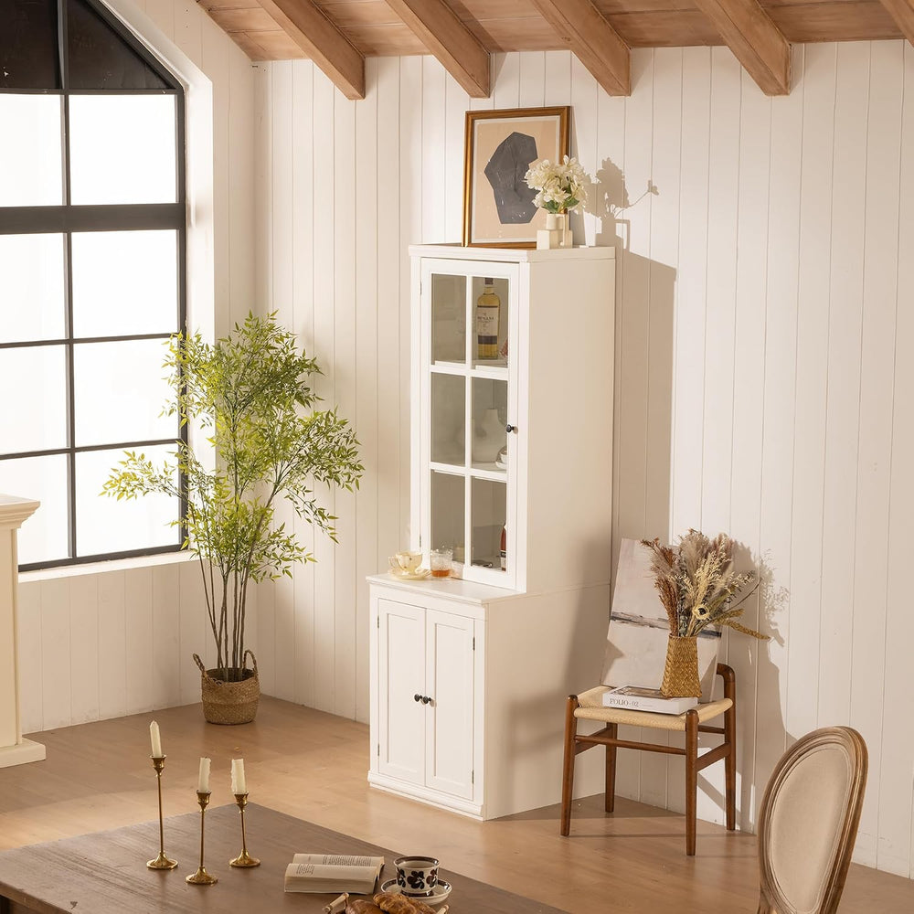 Chic 75.25'' White Freestanding Pantry Cabinet with Glass Door, Ideal...
