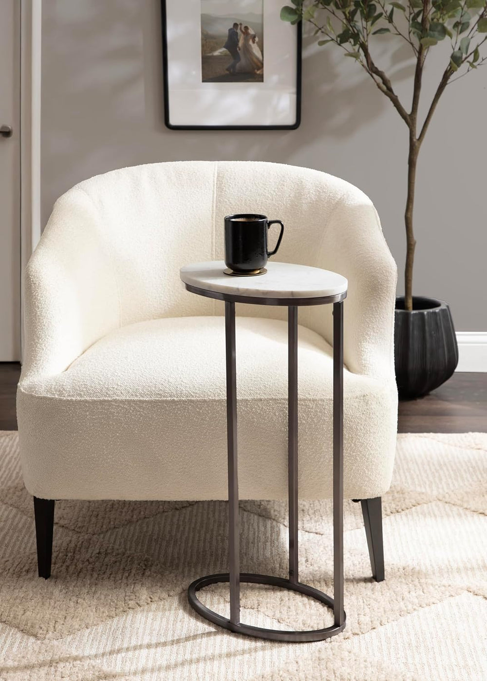 Kate and Laurel Natalli Modern Glam Oval C-Table, 14 x 9 x 28, White Marble a...