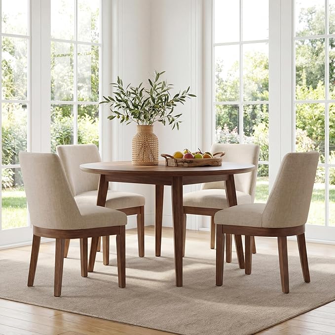 HNY Modern Dining Chairs Set of 4 with Comfortable Back Support, Farmhouse Soft Linen Upholstered Kitchen Dining Room Chairs with Solid Wood Legs, Armless Accent Side Chairs for Living Room, Beige