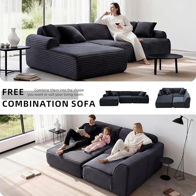 Modular Floor Sofa, Cozy Corduroy Sectional Couch with Fully Washable Covers, Frameless L Shaped Couch for Living Room, Family & Pet Friendly Lounge, No Assembly (Black, Left Facing Chaise)