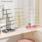 Love-KANKEI Jewelry Organizer Stand, 5 Tier Large Necklace Holder with Wood Base, Jewelry holder stand Tree for Display, Bracelets Earrings Rings, Height Adjustable Gift Pink and White