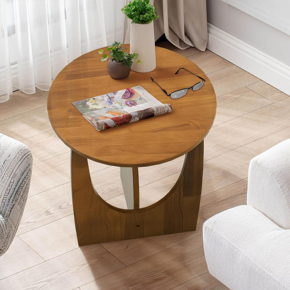 Round End Table, Solid Rubberwood Small Coffee Tables for Living Room, Mid Ce...