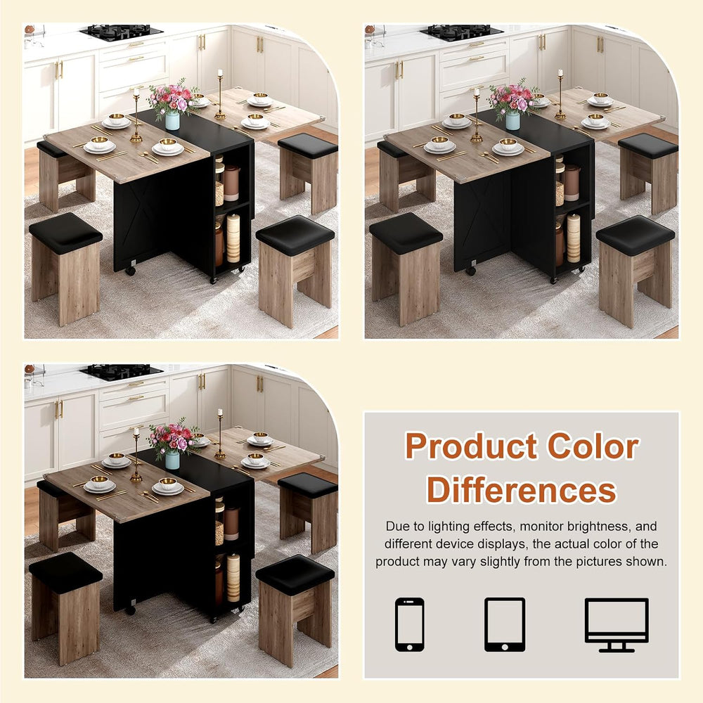 5 PCS Farmhouse Dining Table Set for 4,60" Large Folding Dining Table Se...
