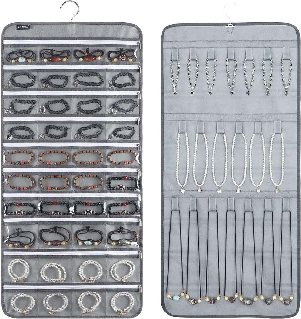 Dual-sided Hanging Jewelry Organizer with 40 Zippered Pockets and 20 Hook Loops Necklace Holder Jewelries Organizer for Earrings Bracelets Rings with 360 Degree Rotating Hanger (40 Zippered Pockets and 20 Hook Loops-Grey)