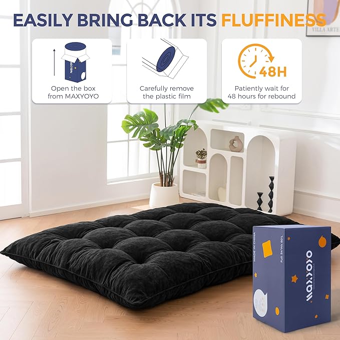 MAXYOYO Japanese Floor Mattress Full Size, 6" Foldable Futon Mattress Tufted Roll Up Floor Bed, Thick Chenille Tatami Mat Sleeping Pad for Camping Guest Room Dormitory Bedroom RV, Black