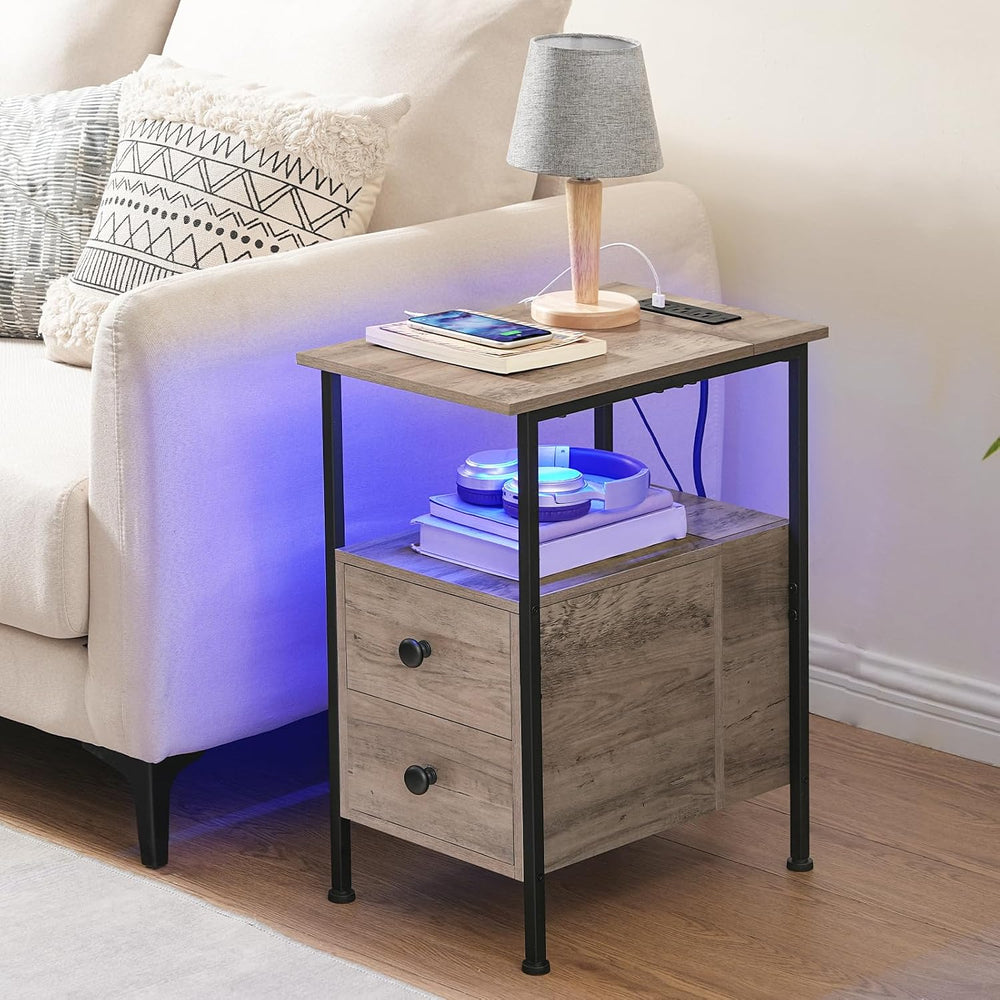 HOOBRO End Table with Charging Station & Led Light, Flip-Top Narrow Side ...
