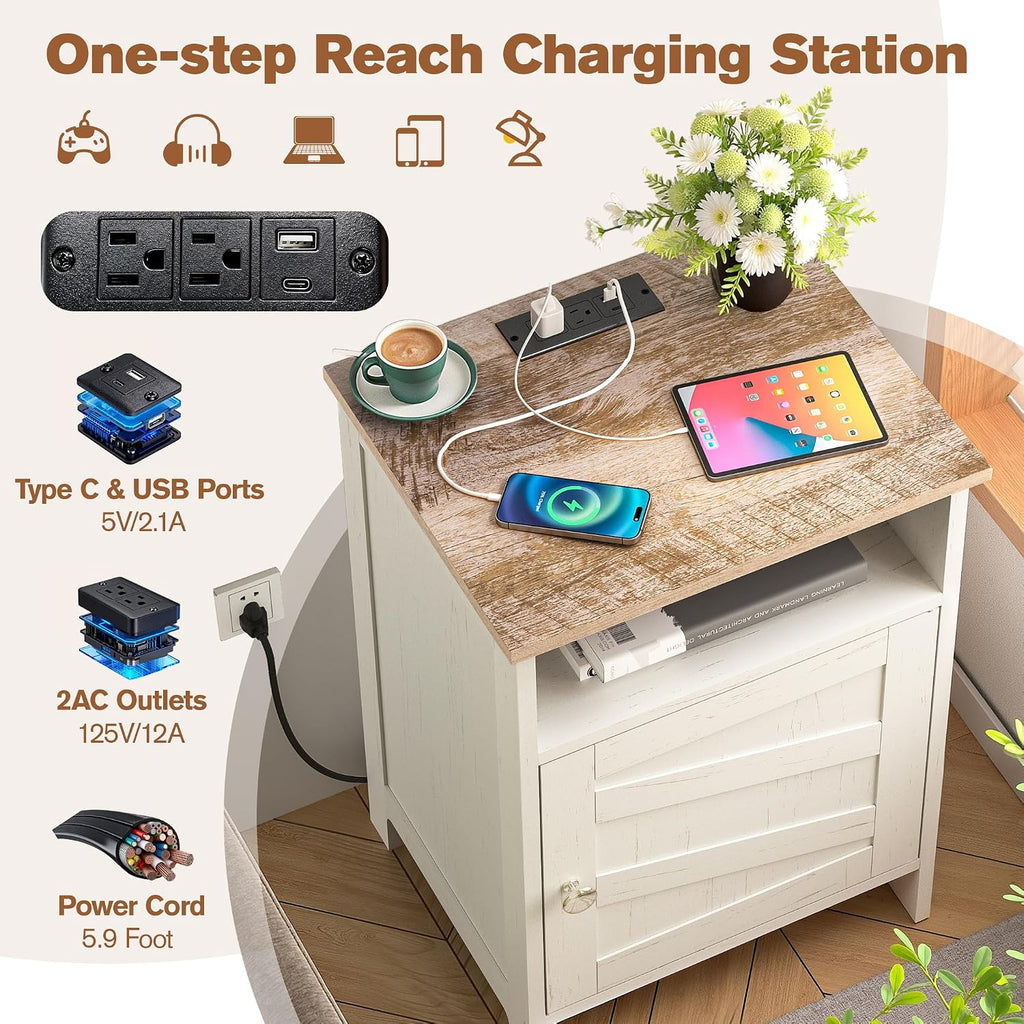 Nightstands Set of 2 with Charging Station, Farmhouse Night Stand with Open Shelf, Bedside Tables with Enclosed Cabinet, Wooden End Table with USB Ports & Outlets for Bedroom
