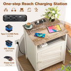 Nightstands Set of 2 with Charging Station, Farmhouse Night Stand with Open Shelf, Bedside Tables with Enclosed Cabinet, Wooden End Table with USB Ports & Outlets for Bedroom
