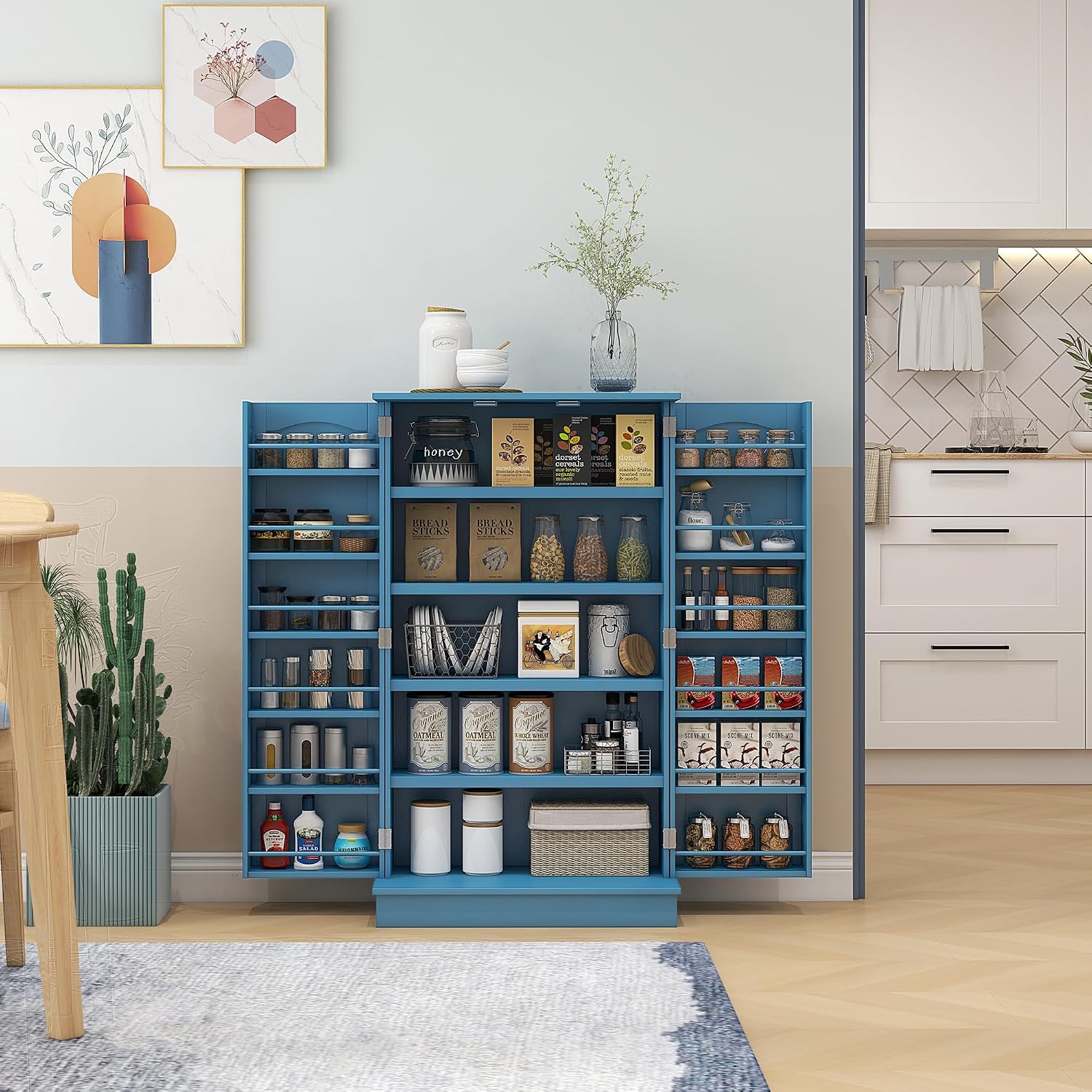 Kitchen Pantry Cabinet Buffet Sideboard for Coffee Maker & Toaster,Snacks,Spices & Wine Storage Organizer with 12 Door Shelves and Adjustable Shelves, Blue