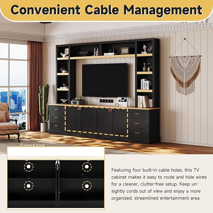 Merax 102.3 Inch Wide Farmhouse Entertainment Center, Rustic TV Stand with 6 Drawers & Adjustable Shelves, Large Media Console for TVs up to 75", Modern Bookshelves Wall Unit, Black