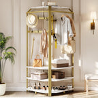IDEALHOUSE Corner Coat Rack With Shoe Bench and 6 Double Hooks, Corner Hall Tree - Clothes Rack With Storage Hall Tree With Organizer Shelf for Entryway, Hallway, Closet (02-Gold)