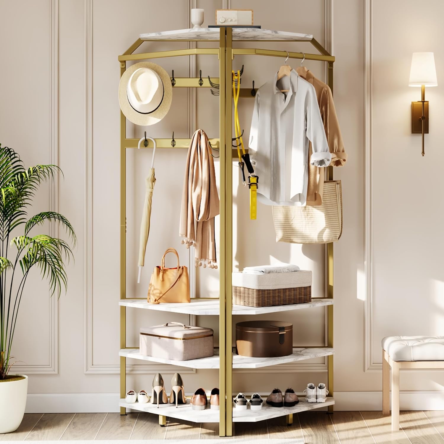 IDEALHOUSE Corner Coat Rack With Shoe Bench and 6 Double Hooks, Corner Hall Tree - Clothes Rack With Storage Hall Tree With Organizer Shelf for Entryway, Hallway, Closet (02-Gold)