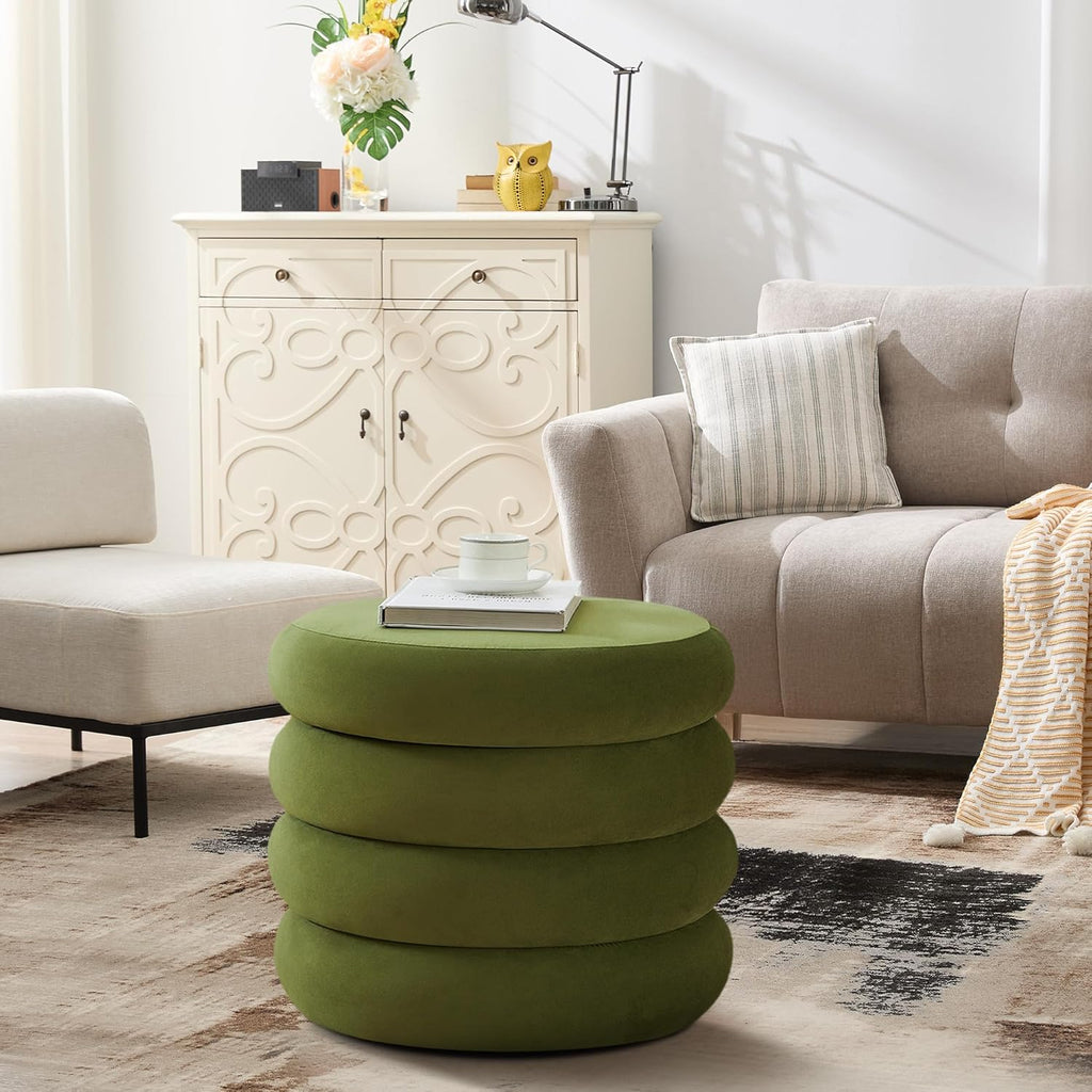 19.5 Inch Round Storage Ottoman, Modern Velvet Ottoman Coffee Table with Removable Top, Green Vanity Stool with Storage for Bedroom, Living Room, Dorm, Set of 2