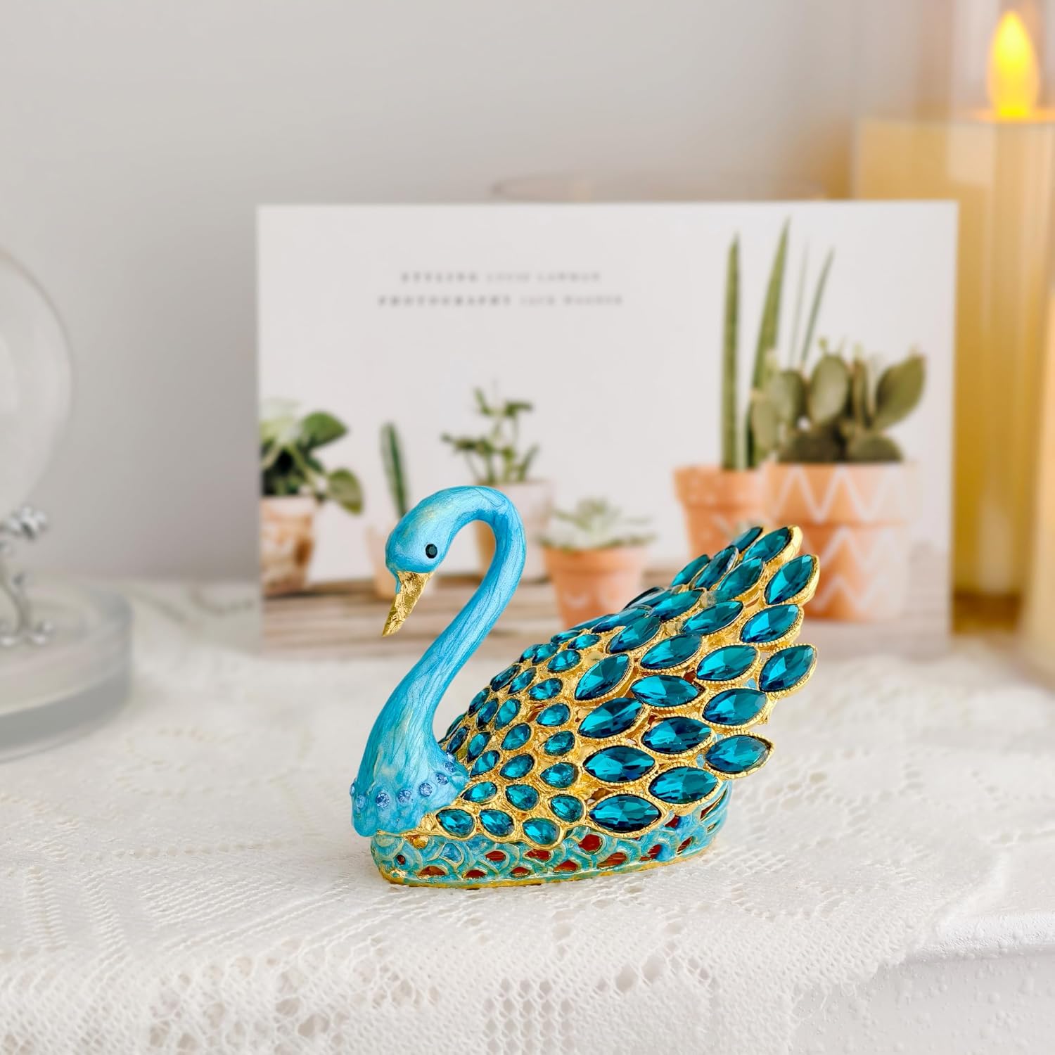 3.7-inch Blue Swan Figurine Jewelry Trinket Box, Enamel Hand-painted Swan Box with Gems, Hinged Jewelry Boxes - Ring Holder, Organizer, Home Decor, Wedding Favor Gift