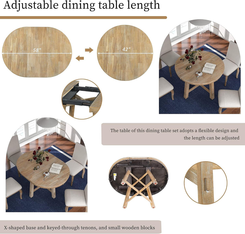 Farmhouse Round Extendable Dining Table with 16" Leaf Wood Kitchen Table