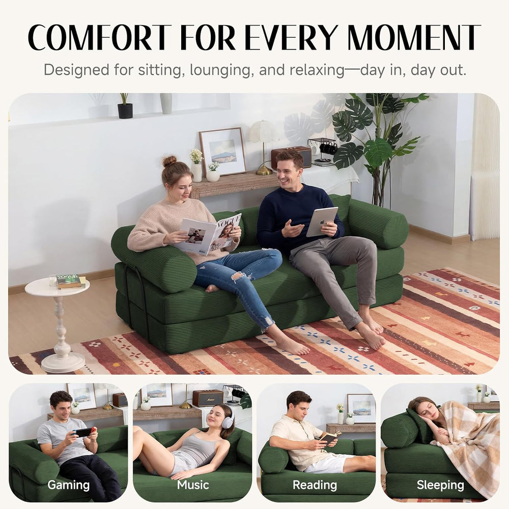 79" Corduroy Sofa Bed, Couch in a Box with 2 Pillows, High-Density Foam ...