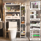 Over The Toilet Storage with 2 Drawers - 7 Tier Bathroom Organizer with Adjustable Shelf, Freestanding Space Saver Storage Rack Above Toilet Stand with 4 Hooks for Restroom, Laundry, White