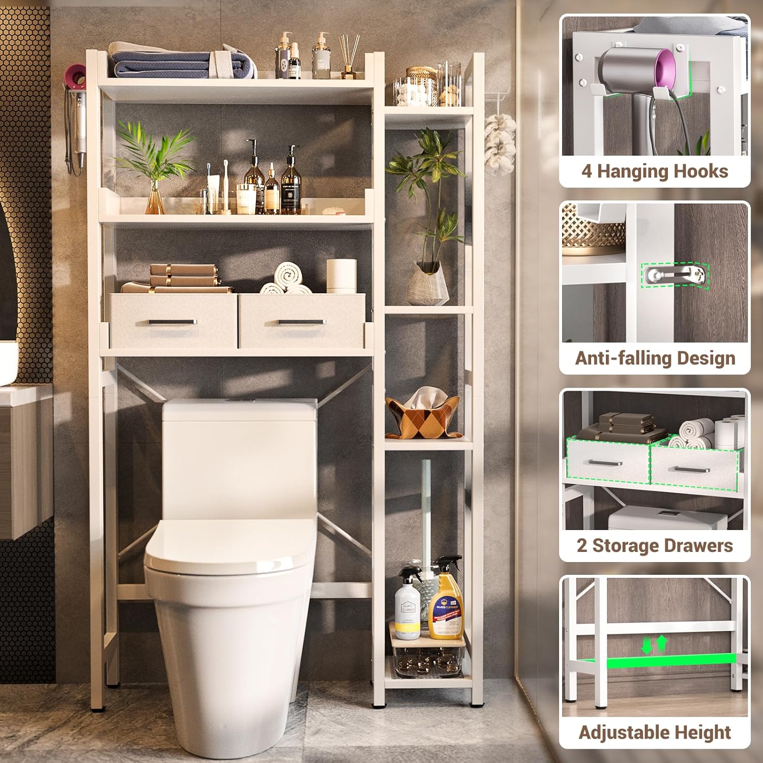 Over The Toilet Storage with 2 Drawers - 7 Tier Bathroom Organizer with Adjustable Shelf, Freestanding Space Saver Storage Rack Above Toilet Stand with 4 Hooks for Restroom, Laundry, White