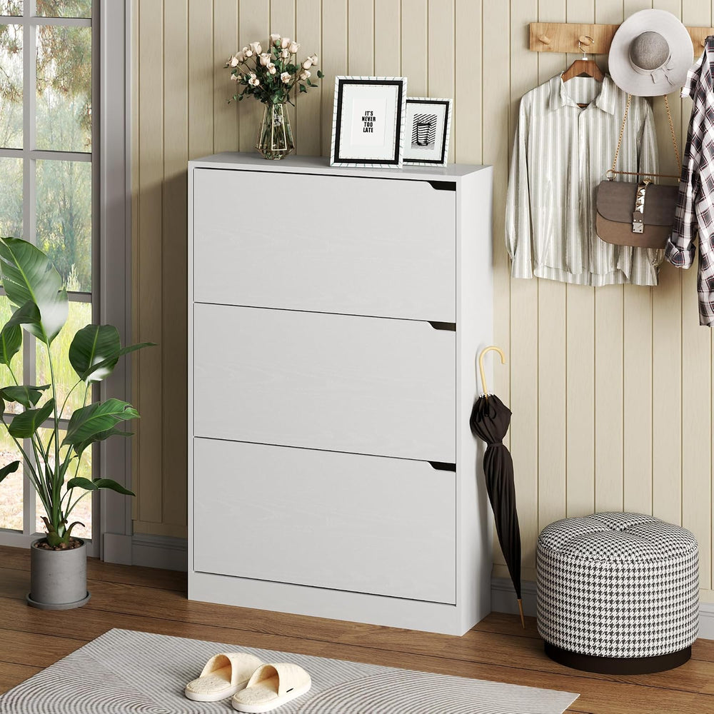 BORNOON Shoe Cabinet with 3 Flip Drawers, Hidden Wood Shoe Cabinet,Freestandi...