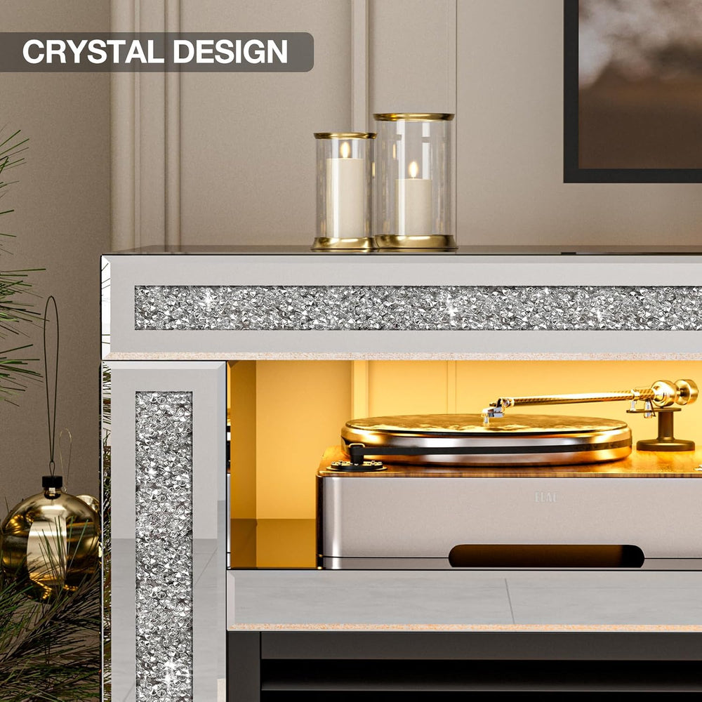 IKIFLY Mirrored Fireplace TV Stand for 65+ inch TV, Silver TV Console Table w...
