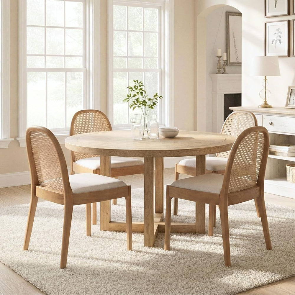 Ya-Home Mid Century Dining Chairs Set of 4, Accent Rattan Linen Fabric Side C...