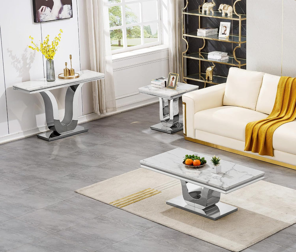 SSLine Modern White Faux Marble Console Table Luxury Entryway Table with Silv...