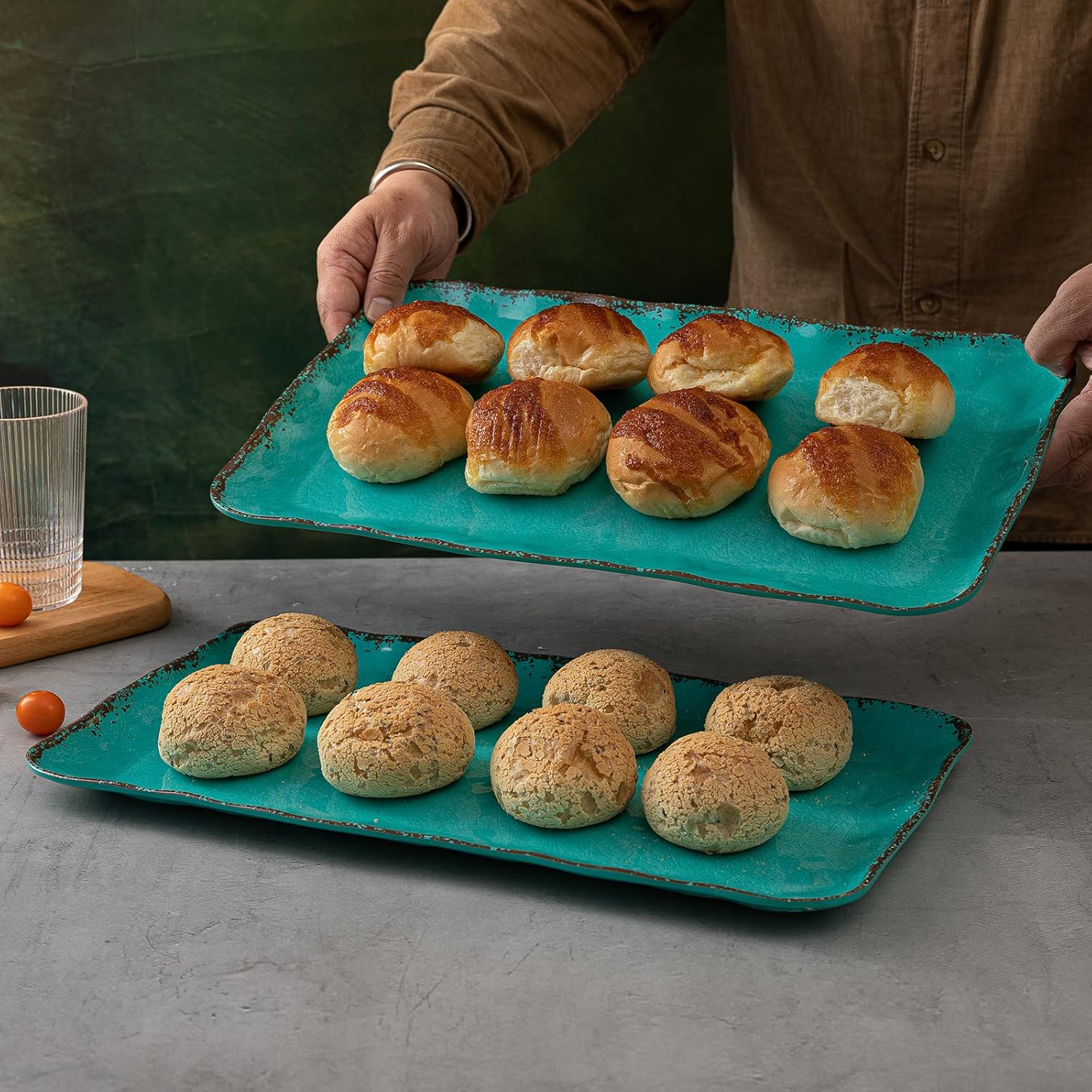 LEHAHA Vintage Melamine Serving Tray Set, Rectangular Large Serving Trays/Platters Set for Serving Food, BPA Free Food Serving Platters and Trays, Set of 2, 17.5"x 10", Teal