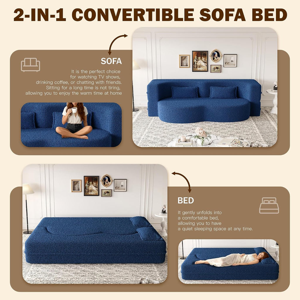Convertible Folding Sofa Bed, 2-in-1 Full Size Floor Boneless Couch Bed, Loveseat sleeper Couch , Corduroy Floor Sofa, Memory Foam Sleeper SofaBed, Small couches for small spaces, No Assembly, Blue