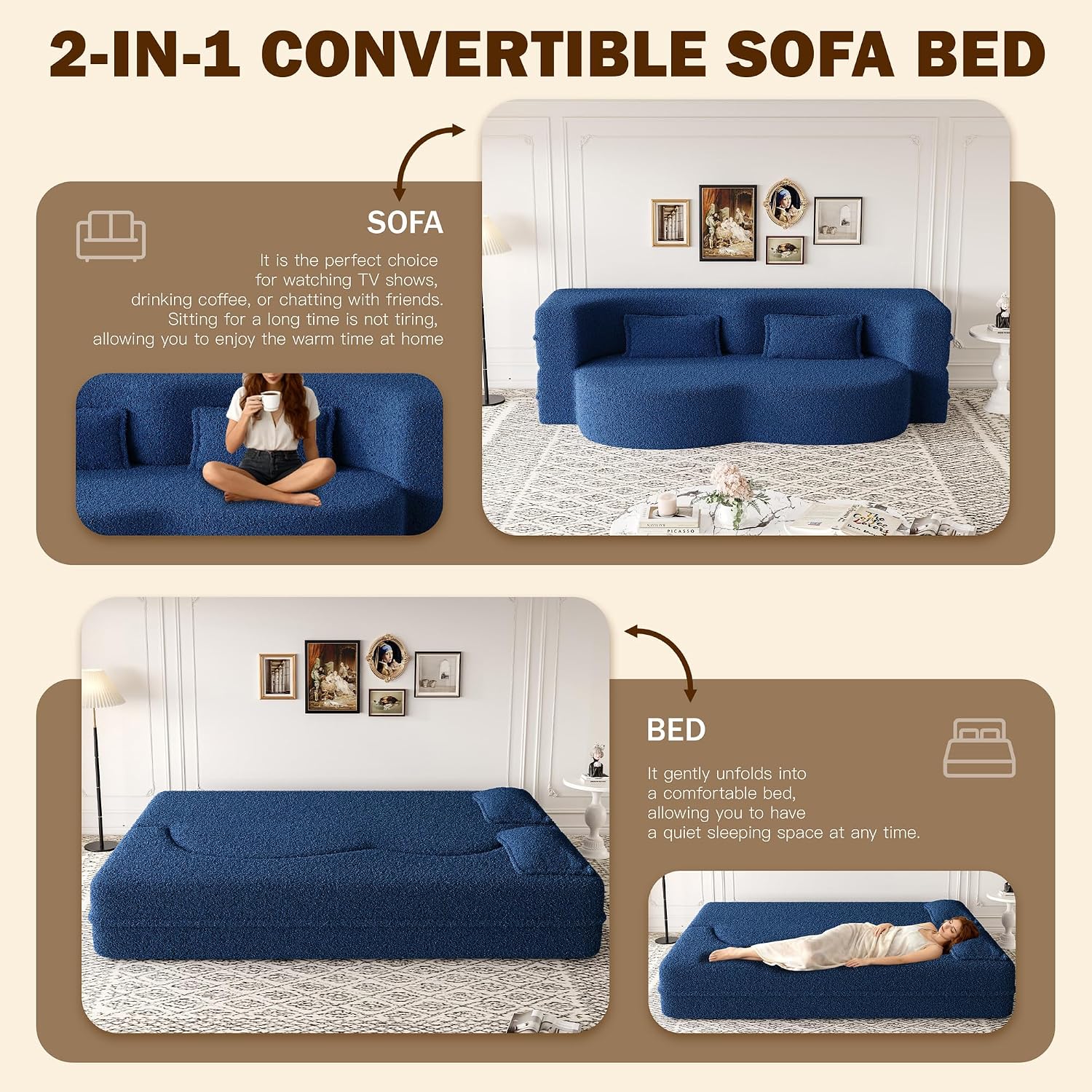 Convertible Folding Sofa Bed, 2-in-1 Full Size Floor Boneless Couch Bed, Loveseat sleeper Couch , Corduroy Floor Sofa, Memory Foam Sleeper SofaBed, Small couches for small spaces, No Assembly, Blue