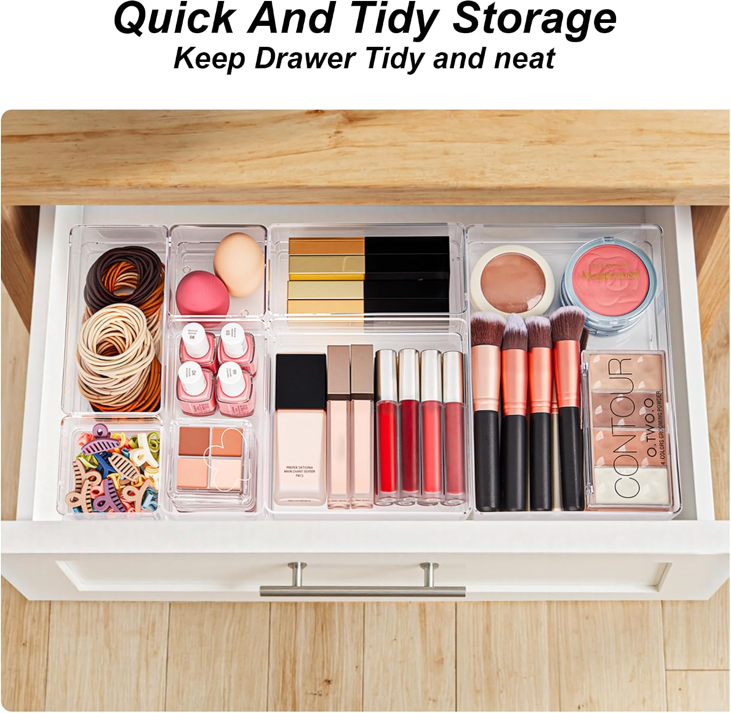 SMARTAKE 7 PCS Drawer Organizer, 4-Size Desk Drawer Organizer Trays | Storage Tray with Non-Slip Silicone Pads for Makeup, Jewelries, Utensils in Bedroom Dresser, Office and Kitchen (Clear)