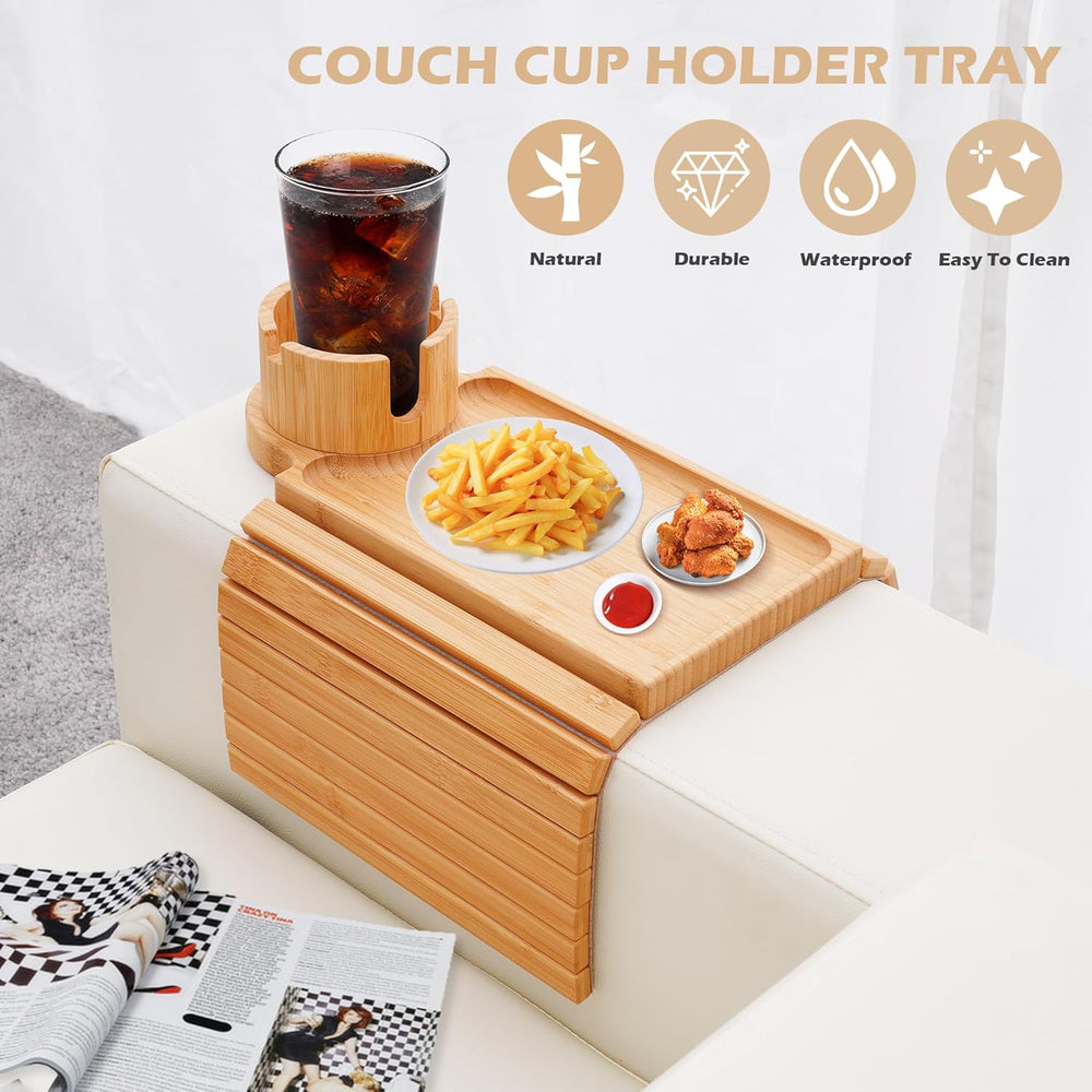 GHKINMAL Couch Cup Holder Tray, 3 in 1 Couch Arm Trays,Large Bamboo Chair Arm...