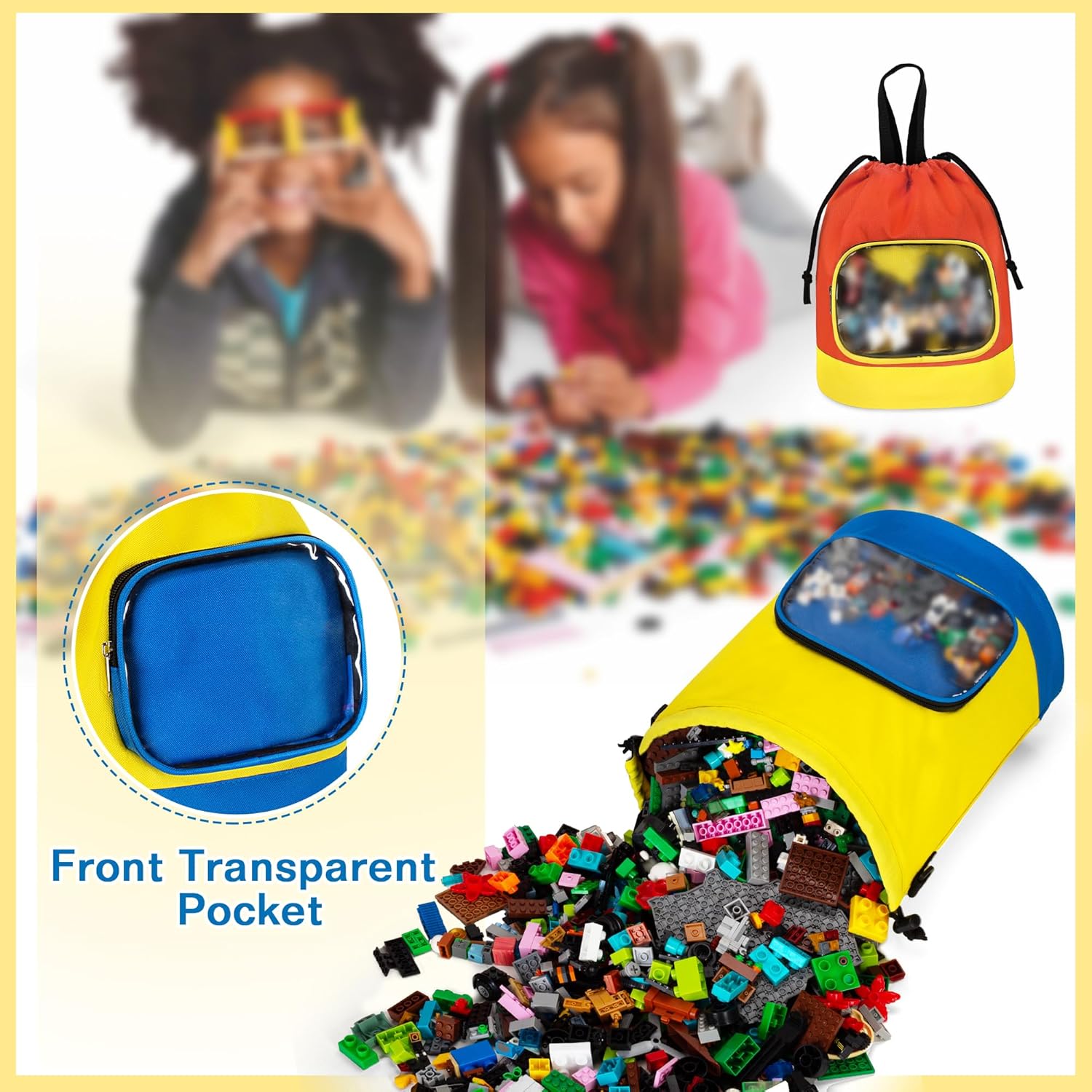 2 Pack Drawstring Toy Storage Bag Compatible with Lego Bricks, Toy Storage Cinch Bucket Bag for Building Blocks, Magnetic Tiles, Board Games, Puzzles