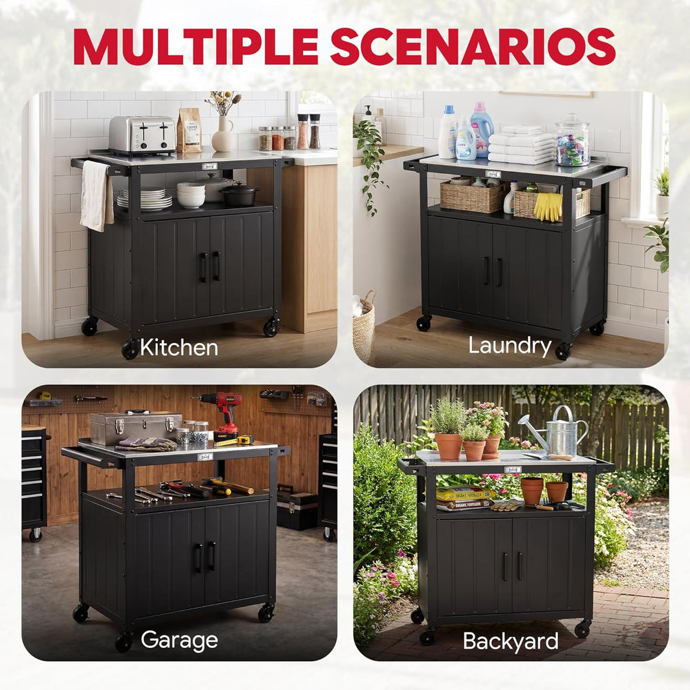 Feasto Outdoor Grill Cart w/Storage Cabinet, Stainless Steel Top, Black