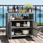 RELAX4LIFE Wicker Outdoor Bar Cabinet - PE Rattan Patio Bar Table w/Acacia Wood Countertop, Open Shelf & 2 Doors, Buffet Sideboard Organizer for Garden Backyard Pool, Outside Storage Cabinet (Grey)