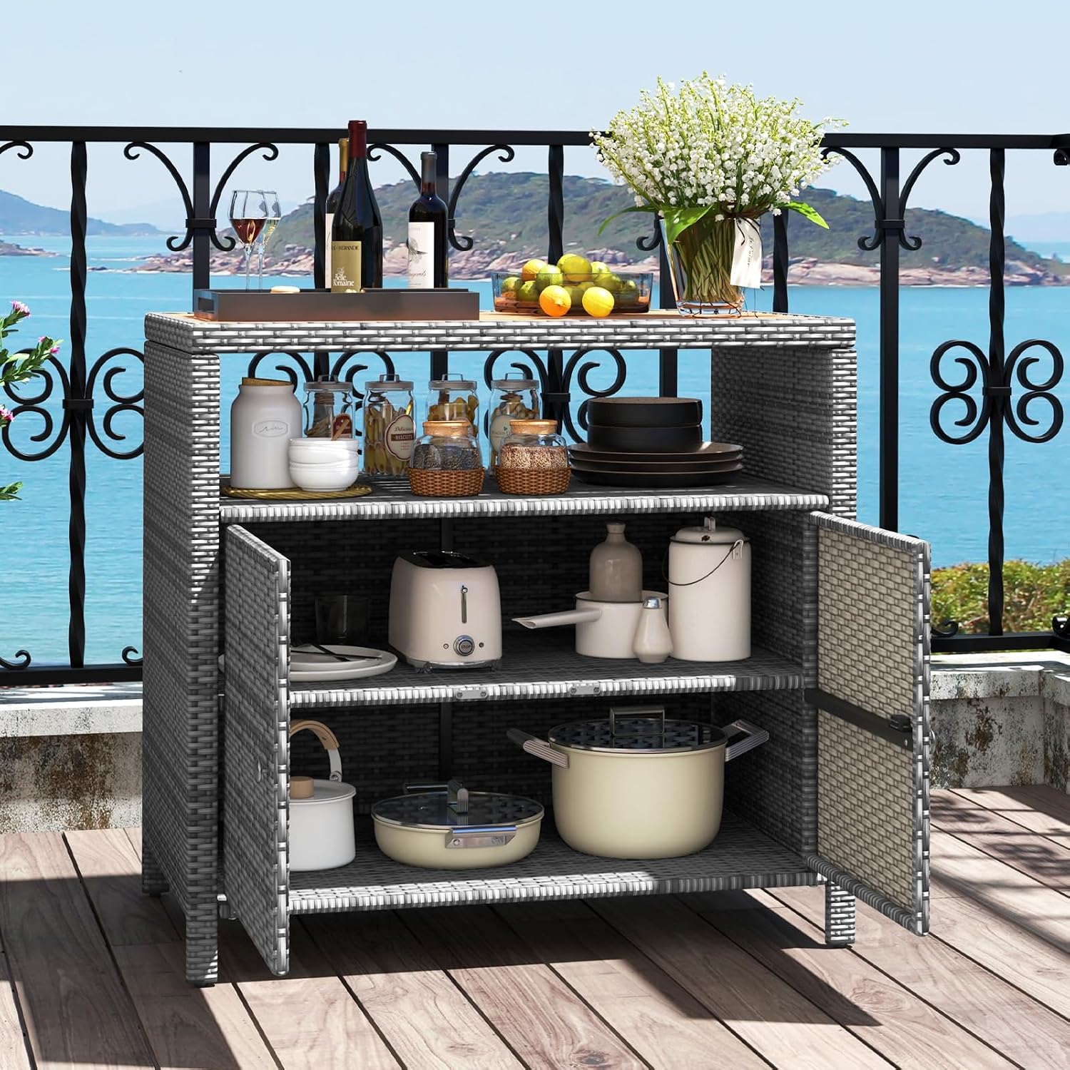 RELAX4LIFE Wicker Outdoor Bar Cabinet - PE Rattan Patio Bar Table w/Acacia Wood Countertop, Open Shelf & 2 Doors, Buffet Sideboard Organizer for Garden Backyard Pool, Outside Storage Cabinet (Grey)